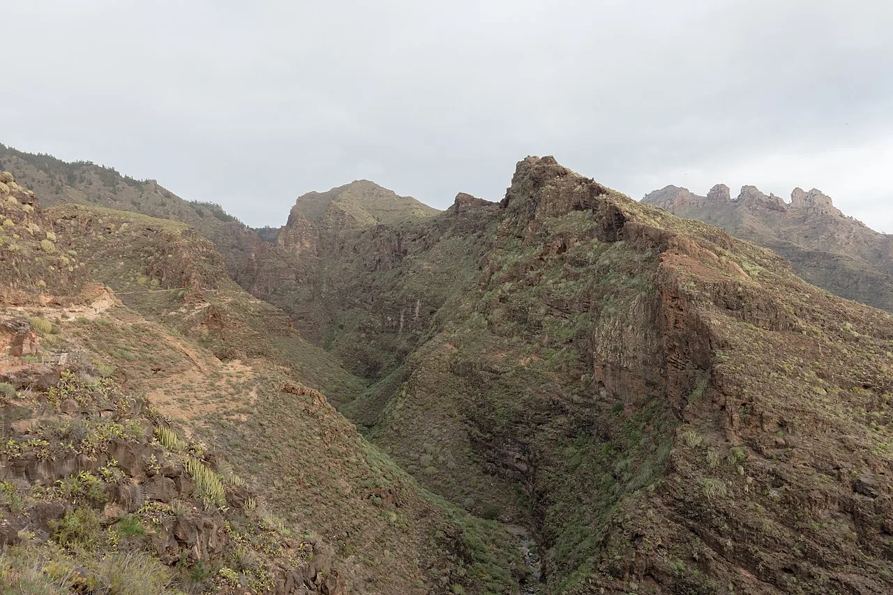 Diep ravijn van de Barranco del Infierno bij Adeje op Tenerife met hoge rotswanden en begroeiing